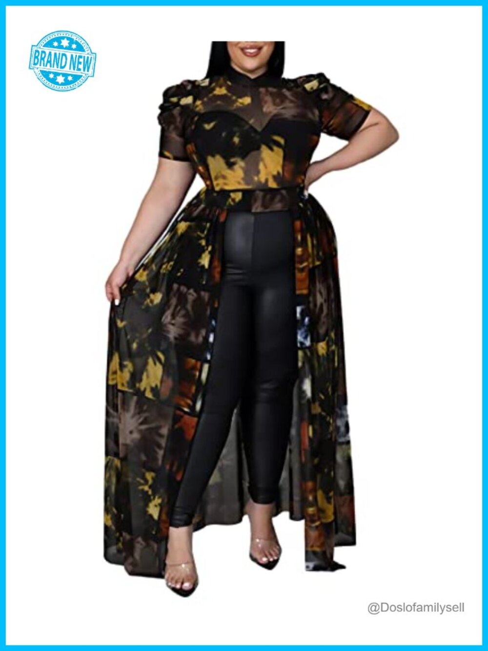 Plus Size High Low Tunic Top Mesh Puff Sleeve Blouse